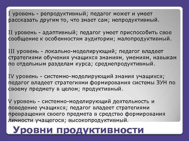 Уровни продуктивности педагогической деятельности