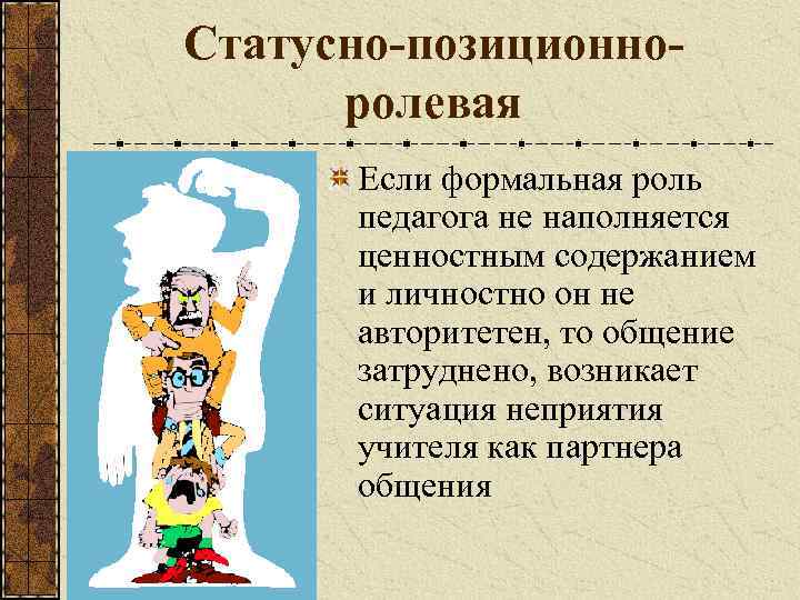 Статусно-позиционноролевая Если формальная роль педагога не наполняется ценностным содержанием и личностно он не авторитетен,