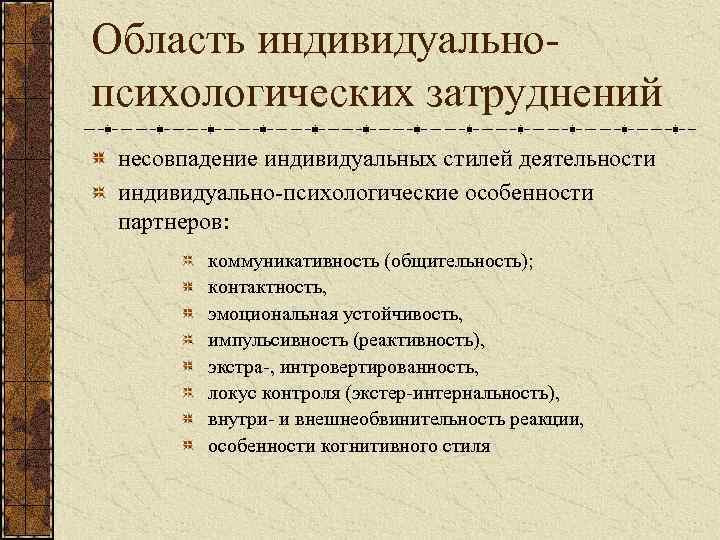 Область индивидуальнопсихологических затруднений несовпадение индивидуальных стилей деятельности индивидуально-психологические особенности партнеров: коммуникативность (общительность); контактность, эмоциональная