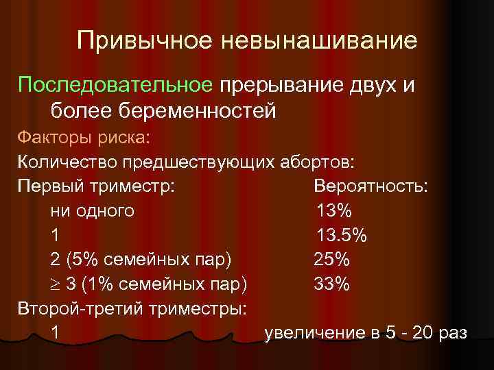 Привычное невынашивание Последовательное прерывание двух и более беременностей Факторы риска: Количество предшествующих абортов: Первый
