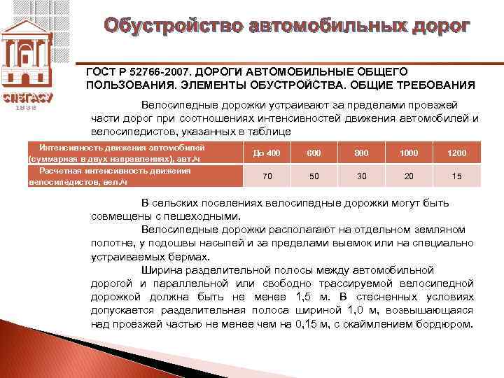 Обустройство автомобильных дорог ГОСТ Р 52766 -2007. ДОРОГИ АВТОМОБИЛЬНЫЕ ОБЩЕГО ПОЛЬЗОВАНИЯ. ЭЛЕМЕНТЫ ОБУСТРОЙСТВА. ОБЩИЕ