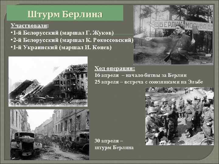 Штурм Берлина Участвовали: • 1 -й Белорусский (маршал Г. Жуков) • 2 -й Белорусский