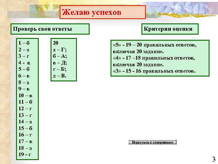 Желаю успехов Проверь свои ответы 1–б 2–а 3–г 4 - в 5–б 6–в 8–а