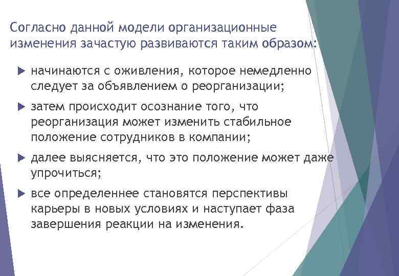 Согласно данной модели организационные изменения зачастую развиваются таким образом: начинаются с оживления, которое немедленно