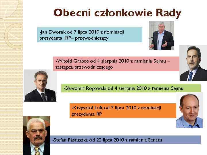 Obecni członkowie Rady -Jan Dworak od 7 lipca 2010 z nominacji prezydenta RP– przewodniczący