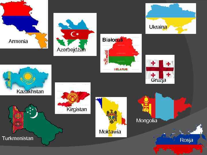 Ukraina Białoruś Armenia Azerbejdżan Gruzja Kazakhstan Kirgistan Mongolia Mołdawia Turkmenistan Rosja 