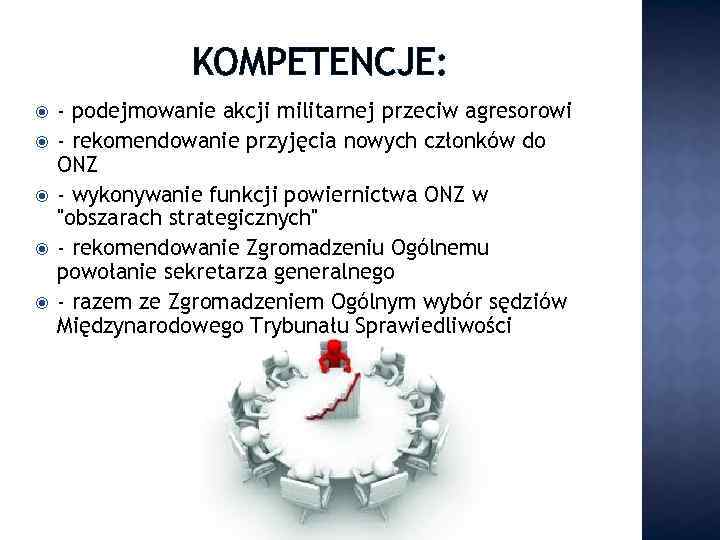 KOMPETENCJE: - podejmowanie akcji militarnej przeciw agresorowi - rekomendowanie przyjęcia nowych członków do ONZ