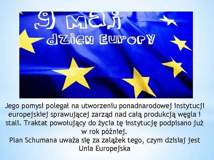 Jego pomysł polegał na utworzeniu ponadnarodowej instytucji europejskiej sprawującej zarząd nad całą produkcją węgla