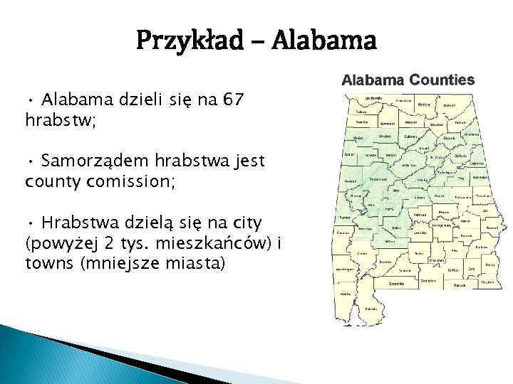Przykład – Alabama • Alabama dzieli się na 67 hrabstw; • Samorządem hrabstwa jest