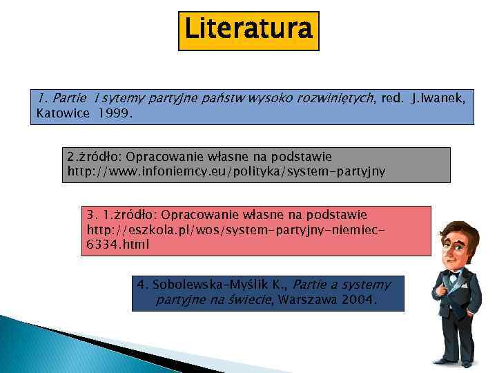 Literatura 1. Partie i sytemy partyjne państw wysoko rozwiniętych, red. J. Iwanek, Katowice 1999.