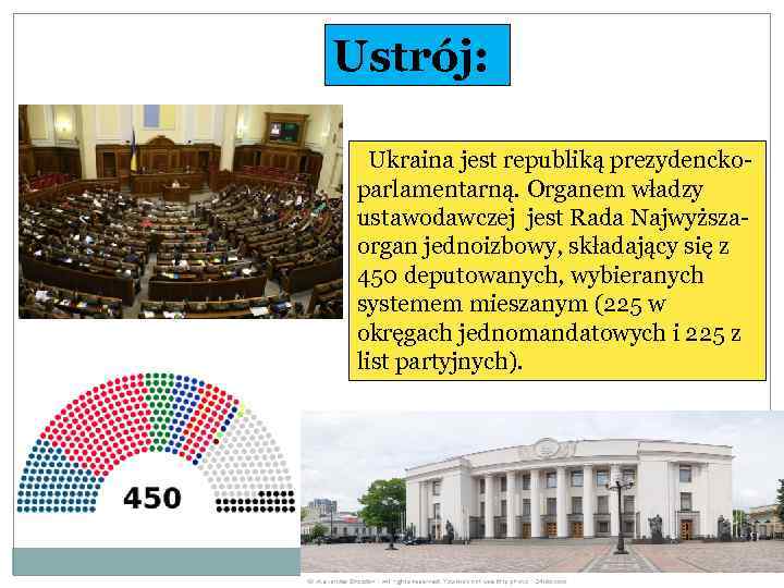 Ustrój: Ukraina jest republiką prezydenckoparlamentarną. Organem władzy ustawodawczej jest Rada Najwyższa- organ jednoizbowy, składający