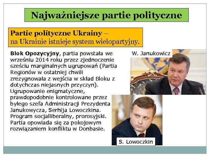 Najważniejsze partie polityczne Partie polityczne Ukrainy – na Ukrainie istnieje system wielopartyjny. Blok Opozycyjny,