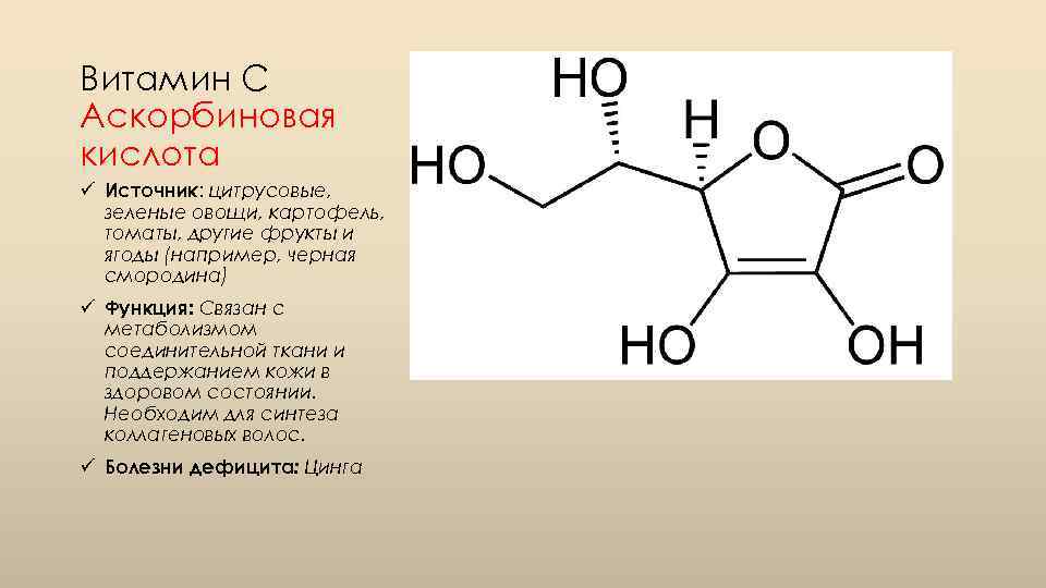 Витамин С Аскорбиновая кислота ü Источник: цитрусовые, зеленые овощи, картофель, томаты, другие фрукты и