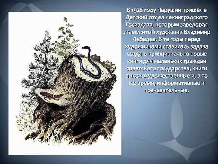 В 1926 году Чарушин пришёл в Детский отдел ленинградского Госиздата, которым заведовал знаменитый художник