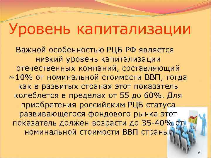 Уровень капитализации Важной особенностью РЦБ РФ является низкий уровень капитализации отечественных компаний, составляющий ~10%