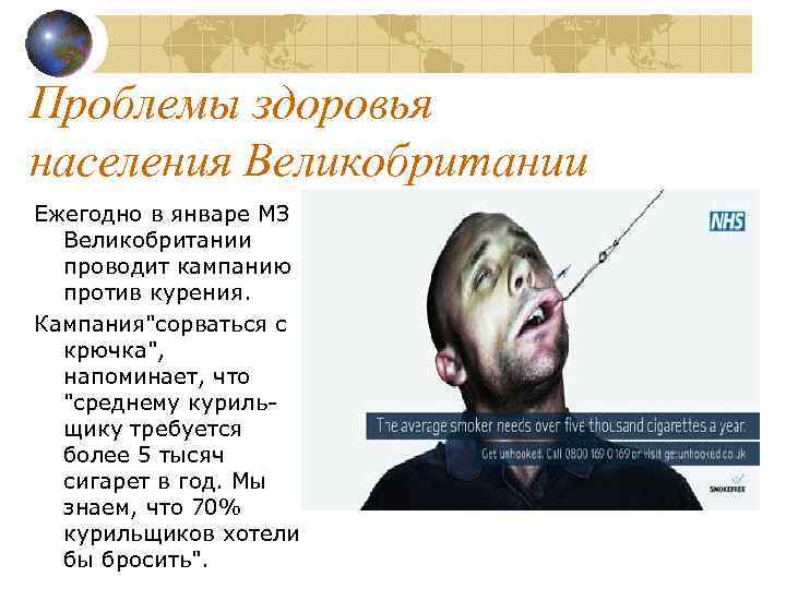 Проблемы здоровья населения Великобритании Ежегодно в январе МЗ Великобритании проводит кампанию против курения. Кампания