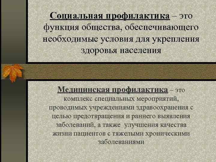 Социальная профилактика – это функция общества, обеспечивающего необходимые условия для укрепления здоровья населения Медицинская