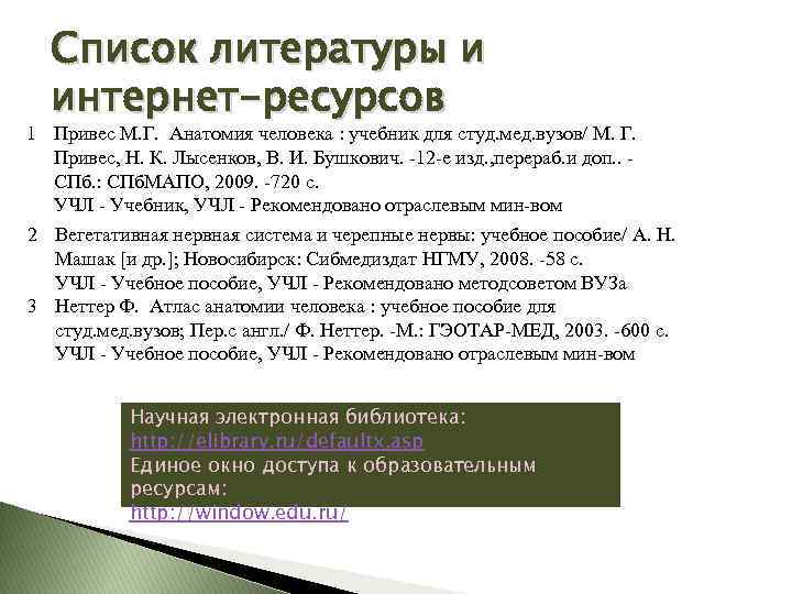 Список литературы и интернет-ресурсов 1 Привес М. Г. Анатомия человека : учебник для студ.