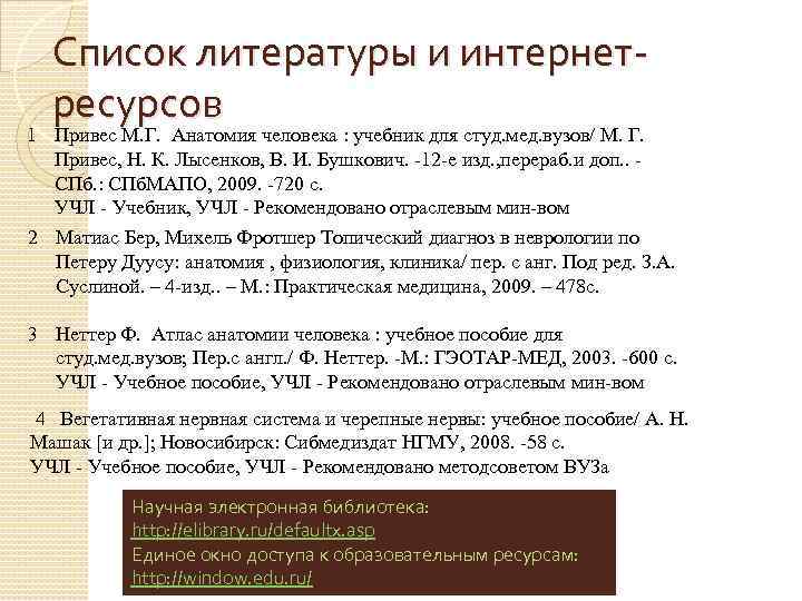 Список литературы и интернетресурсов 1 Привес М. Г. Анатомия человека : учебник для студ.