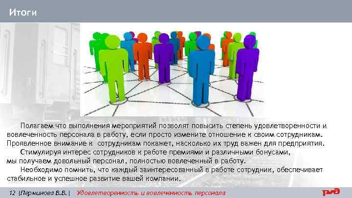 Итоги Полагаем что выполнения мероприятий позволят повысить степень удовлетворенности и вовлеченность персонала в работу,