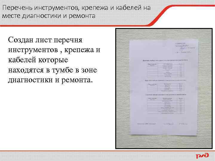 Перечень инструментов, крепежа и кабелей на месте диагностики и ремонта Создан лист перечня инструментов