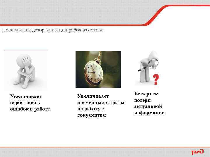 Последствия дезорганизации рабочего стола: Увеличивает вероятность ошибок в работе Увеличивает временные затраты на работу