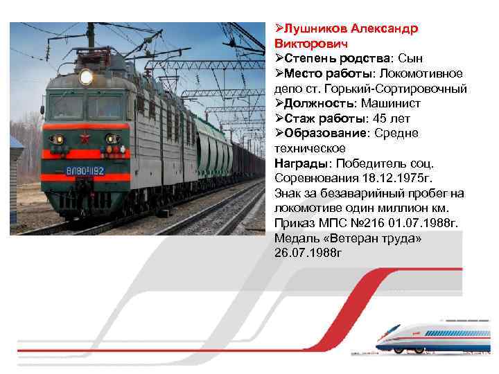 ØЛушников Александр Викторович ØСтепень родства: Сын ØМесто работы: Локомотивное депо ст. Горький-Сортировочный ØДолжность: Машинист