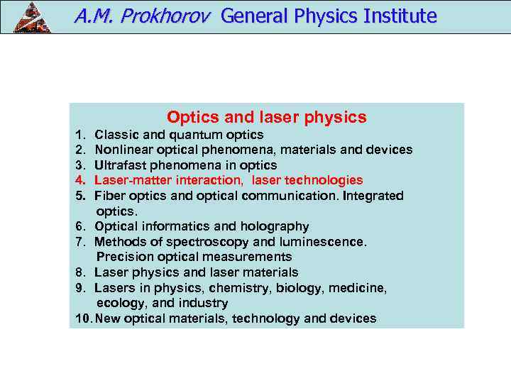 A. M. Prokhorov General Physics Institute Optics and laser physics 1. 2. 3. 4.