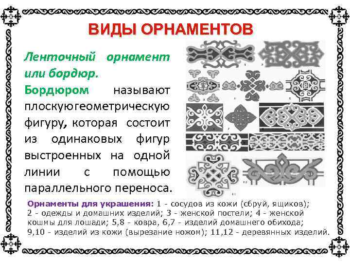 ВИДЫ ОРНАМЕНТОВ Ленточный орнамент или бордюр. Бордюром называют плоскую геометрическую фигуру, которая состоит из