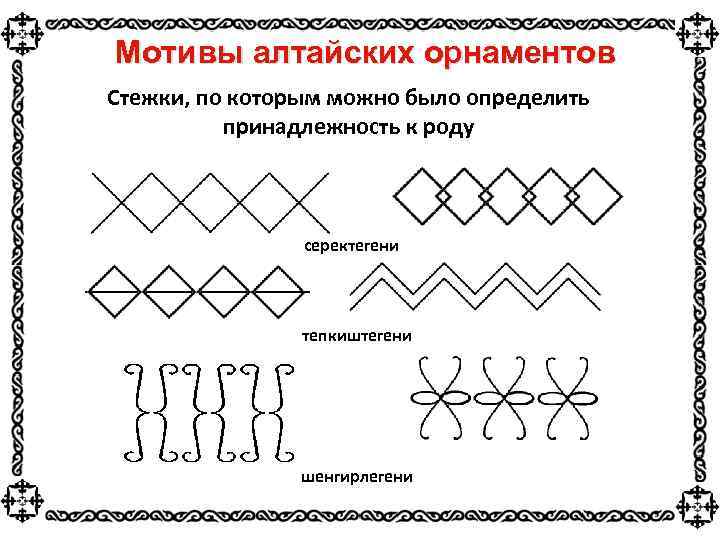 Мотивы алтайских орнаментов Стежки, по которым можно было определить принадлежность к роду серектегени тепкиштегени
