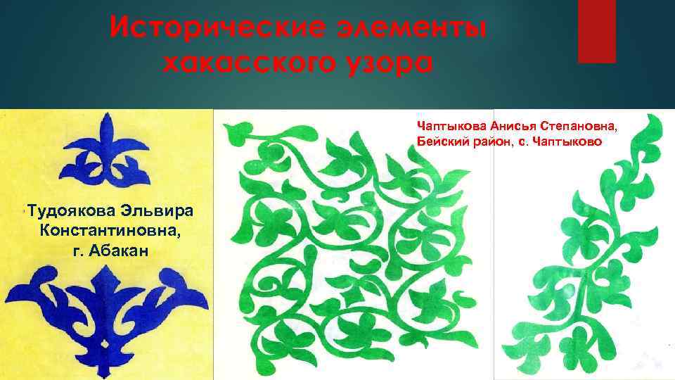 Исторические элементы хакасского узора Чаптыкова Анисья Степановна, Бейский район, с. Чаптыково Тудоякова Эльвира Константиновна,