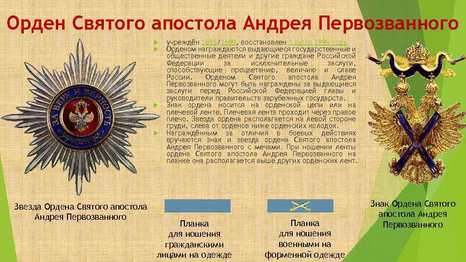 Орден Святого апостола Андрея Первозванного Звезда Ордена Святого апостола Андрея Первозванного учреждён 1698/1699, восстановлен