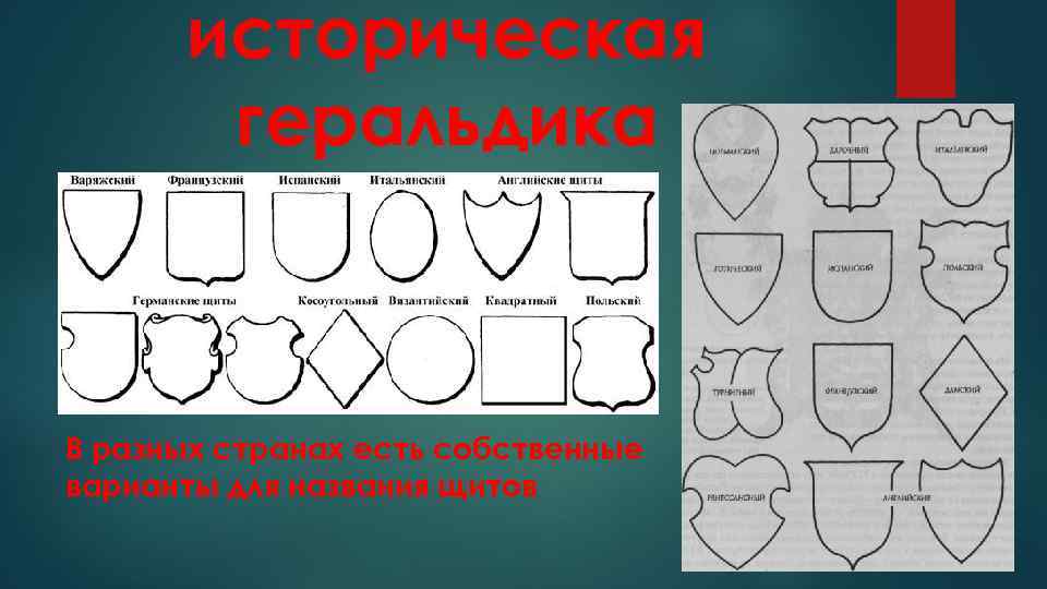 историческая геральдика В разных странах есть собственные варианты для названия щитов 