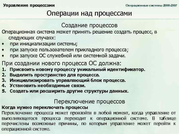 Управление процессами Операционные системы 2006 -2007 Операции над процессами Создание процессов Операционная система может