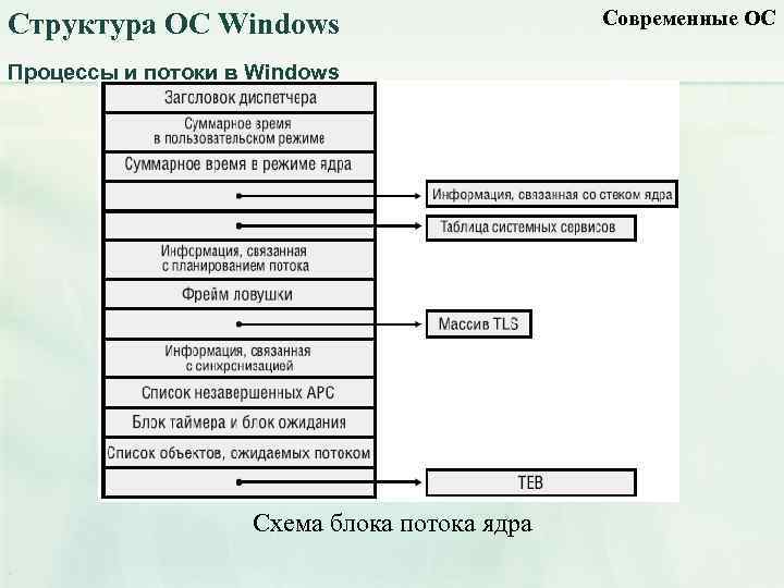 Структура ОС Windows Процессы и потоки в Windows Схема блока потока ядра Современные ОС