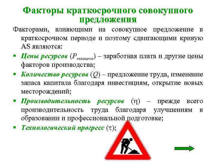 Факторы краткосрочного совокупного предложения Факторами, влияющими на совокупное предложение в краткосрочном периоде и поэтому