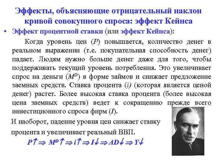 Эффекты, объясняющие отрицательный наклон кривой совокупного спроса: эффект Кейнса • Эффект процентной ставки (или