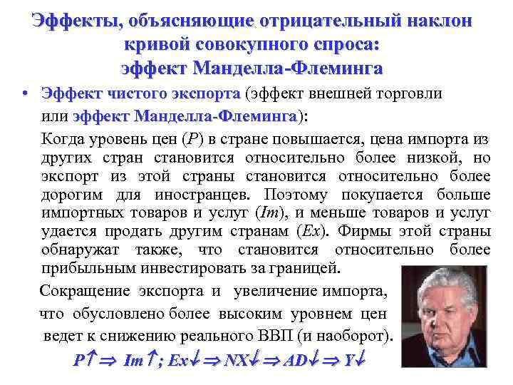 Эффекты, объясняющие отрицательный наклон кривой совокупного спроса: эффект Манделла-Флеминга • Эффект чистого экспорта (эффект