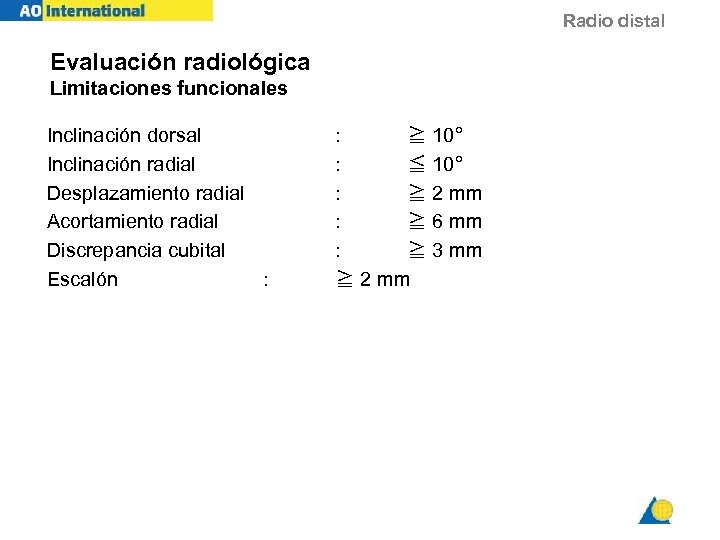 Radio distal Evaluación radiológica Limitaciones funcionales Inclinación dorsal Inclinación radial Desplazamiento radial Acortamiento radial