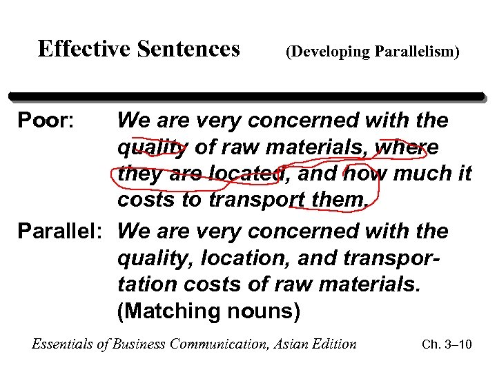 Effective Sentences (Developing Parallelism) Poor: We are very concerned with the quality of raw