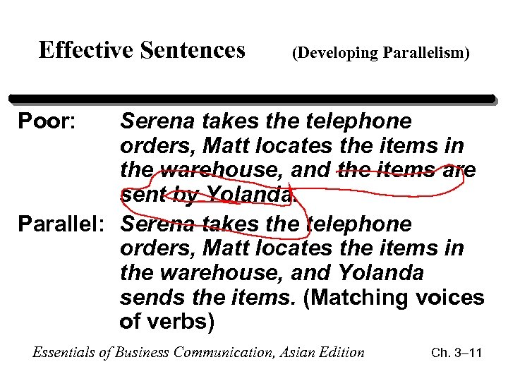 Effective Sentences (Developing Parallelism) Poor: Serena takes the telephone orders, Matt locates the items