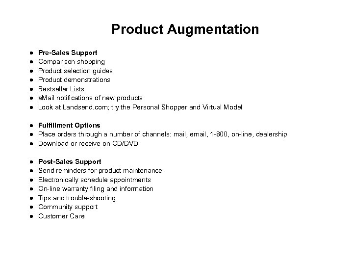 Product Augmentation Pre-Sales Support Comparison shopping Product selection guides Product demonstrations Bestseller Lists e.