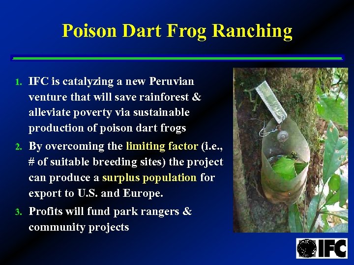 Poison Dart Frog Ranching 1. IFC is catalyzing a new Peruvian venture that will