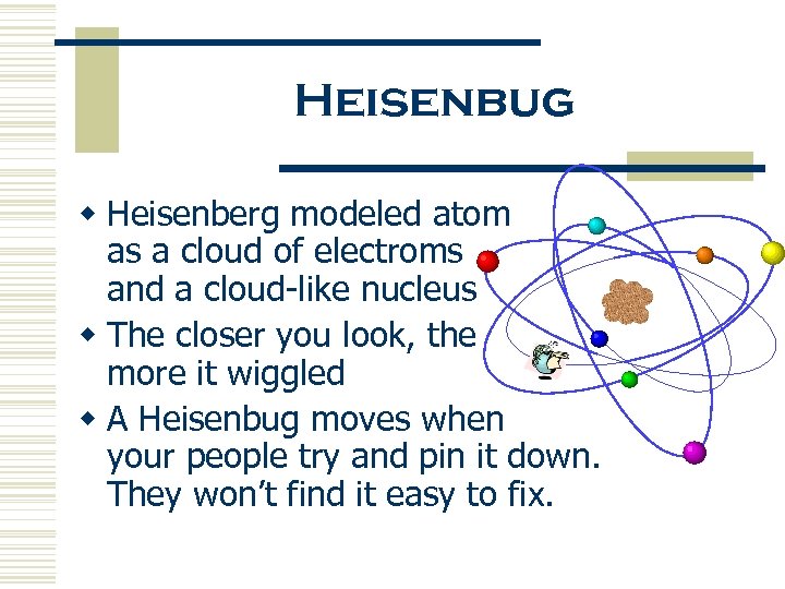 Heisenbug w Heisenberg modeled atom as a cloud of electroms and a cloud-like nucleus