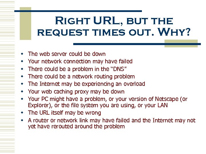Right URL, but the request times out. Why? The web server could be down