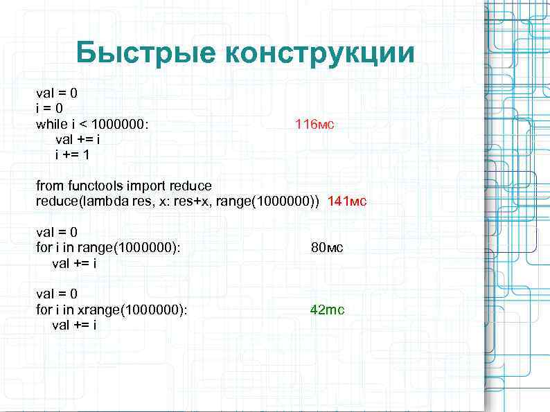 Быстрые конструкции val = 0 i = 0 while i < 1000000: 116 мс