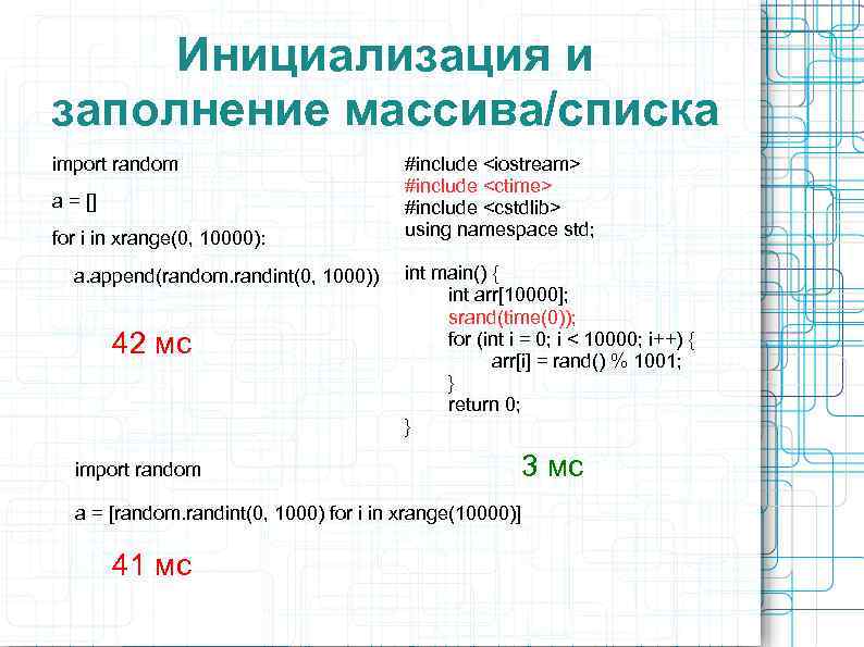 Инициализация и заполнение массива/списка import random a = [] for i in xrange(0, 10000):