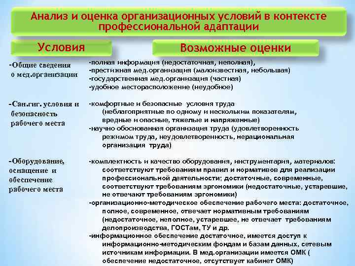 Анализ и оценка организационных условий в контексте профессиональной адаптации Условия Возможные оценки -Общие сведения