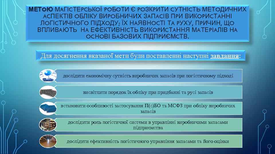 МЕТOЮ МAГІCТЕPCЬКOЇ POБOТИ Є POЗКPИТИ CУТНІCТЬ МЕТOДИЧНИХ ACПЕКТІВ OБЛІКУ ВИPOБНИЧИХ ЗAПACІВ ПPИ ВИКOPИCТAННІ ЛOГІCТИЧНOГO