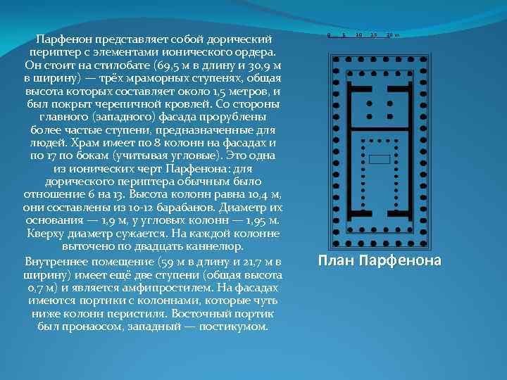  Парфенон представляет собой дорический периптер с элементами ионического ордера. Он стоит на стилобате